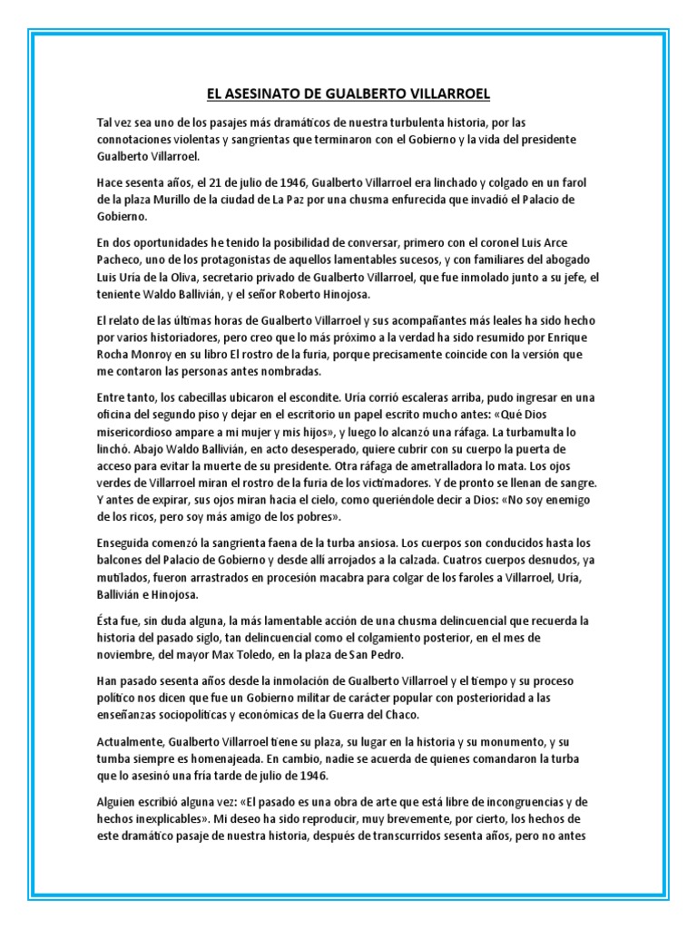 La Caída y Colgamiento del Presidente Gualberto Villarroel el 21 de