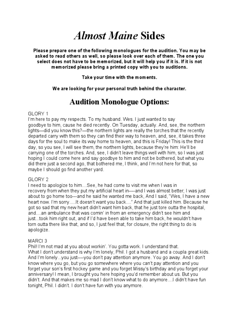 Almost Maine Audition Monologues | PDF | Audition
