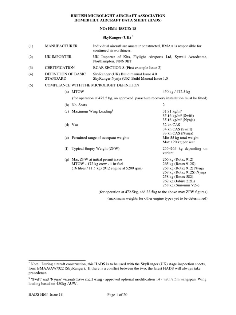 SkyRanger Microlight Specifications | PDF | Flap (Aeronautics) | Rudder