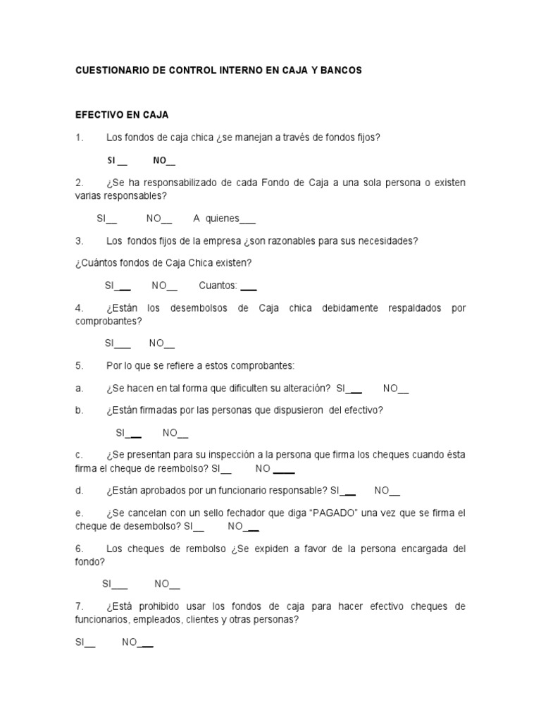 Cuestionario de Control Interno Financiero | PDF | Bancos | Cheque