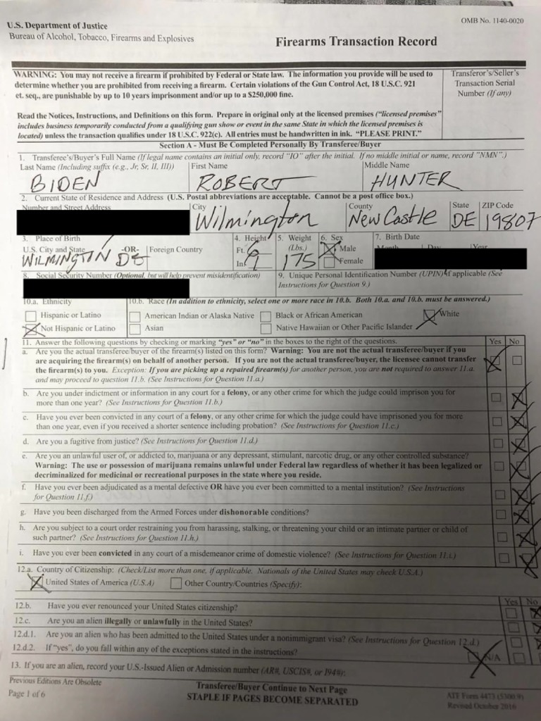 Hunter Biden 4473 Form 1 Redacted | PDF