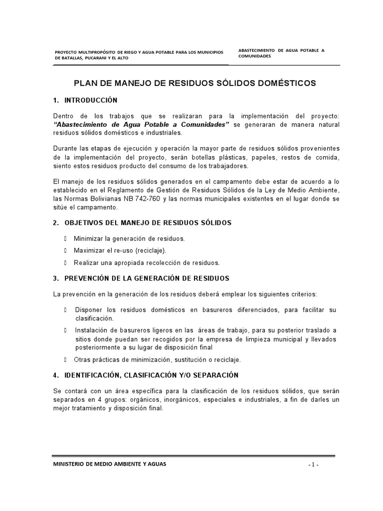 Manejo de Residuos en Proyecto de Agua | PDF | Gestión de residuos ...