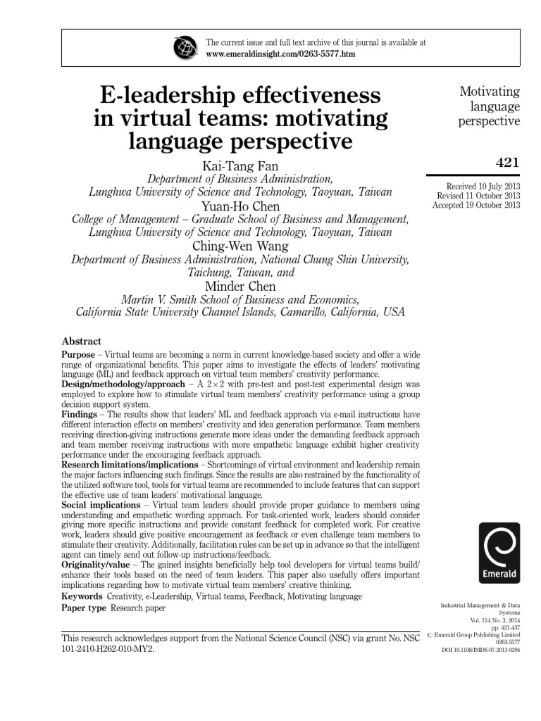E-Leadership in Virtual Teams | PDF | Leadership | Creativity