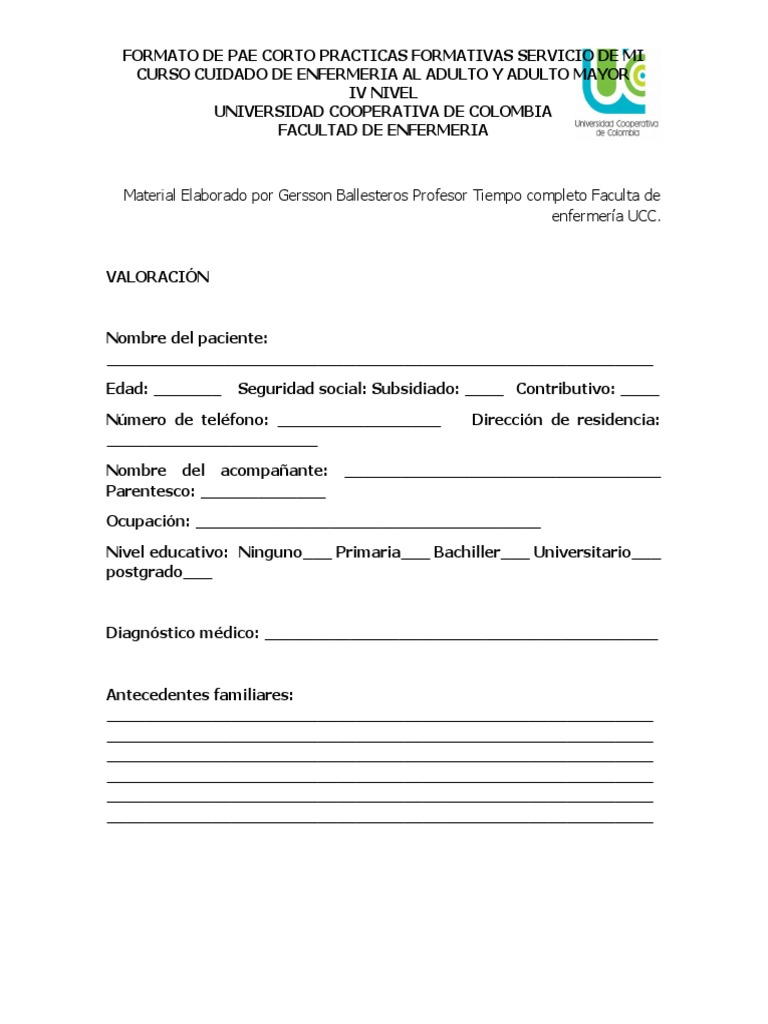Formato PAE para Adultos Mayores UCC | PDF | Enfermería | Enfermedades ...