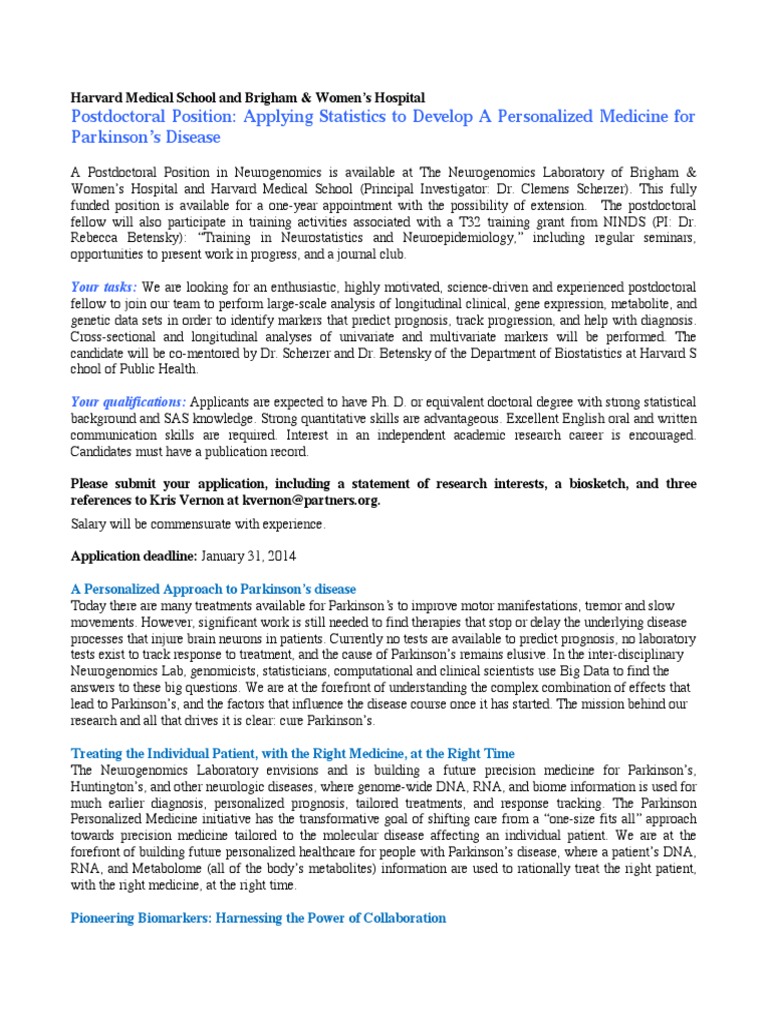 Neurogenomics Postdoctoral Fellowship Harvard Medical School Scherzer ...