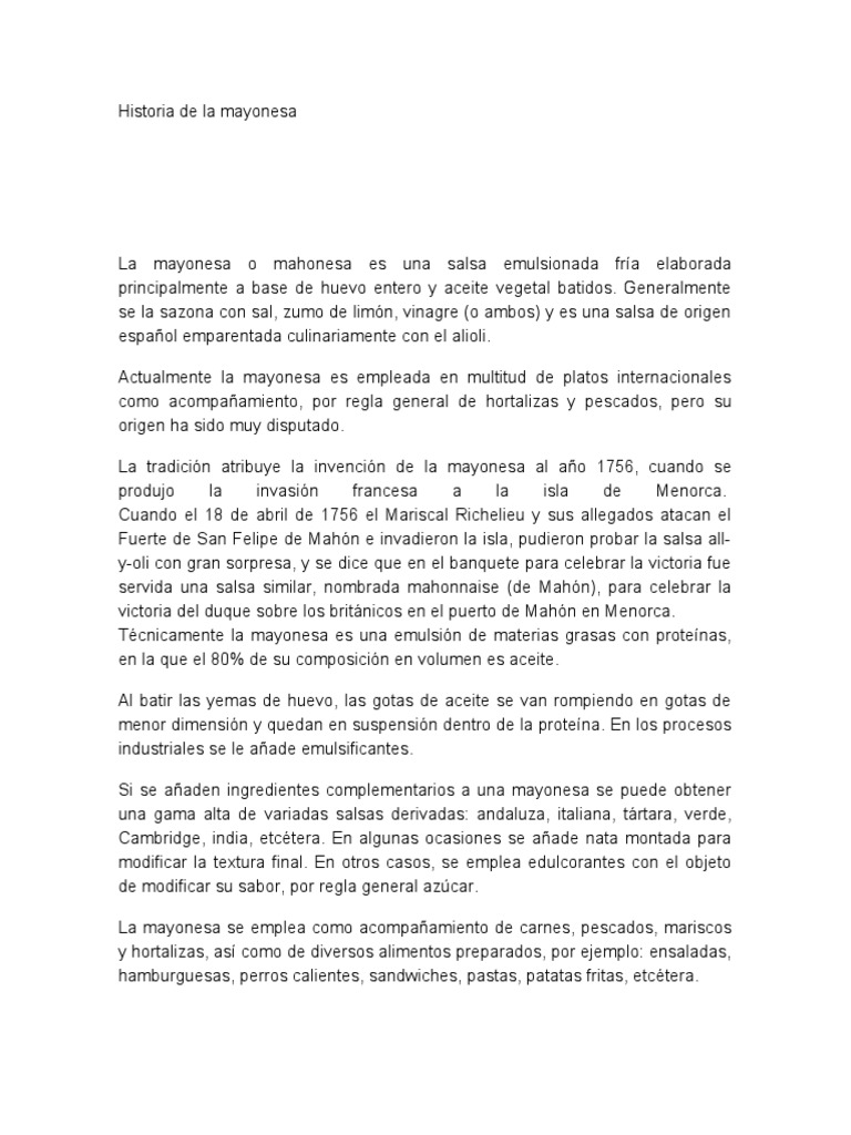 Historia de La Mayonesa PDF Mayonesa Cocina mediterranea