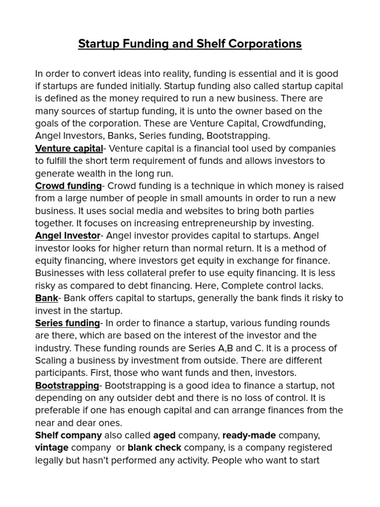 Startup Funding and Shelf Companies PDF Venture Capital Corporate