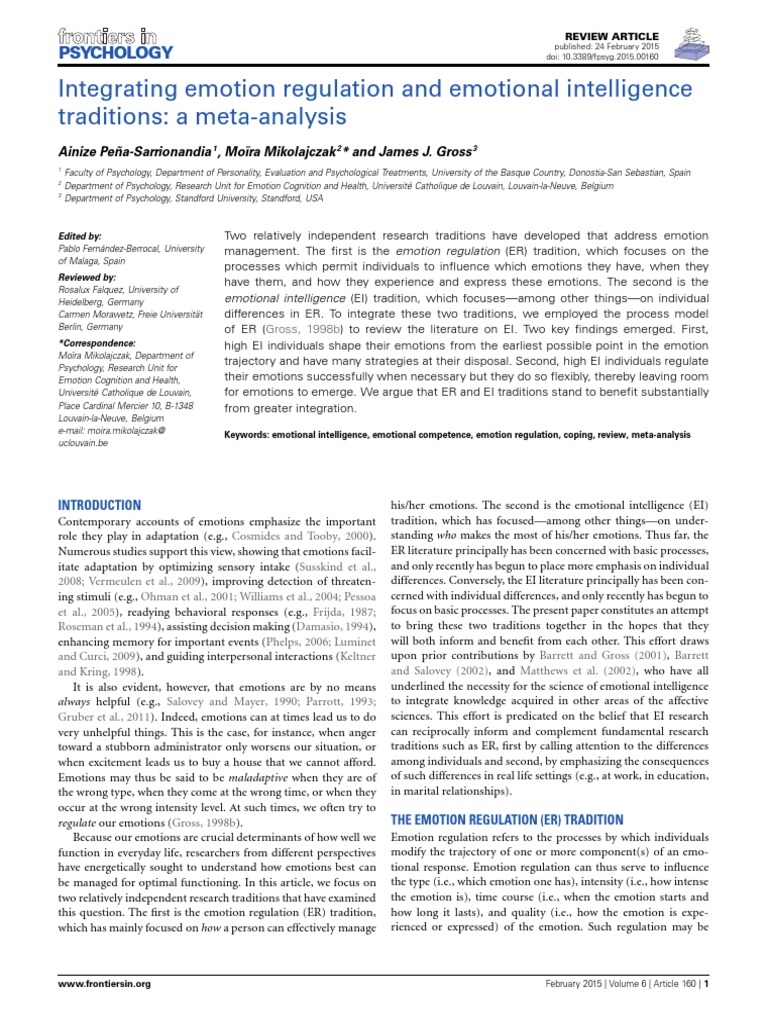 Integrating Emotion Regulation and Emotional Intelligence Traditions A ...