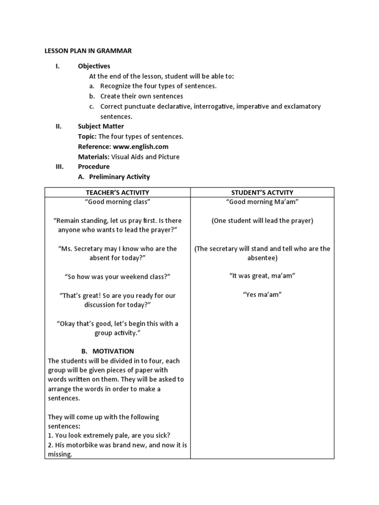 Grammar Lesson Plan: Sentence Types | PDF | Question | Sentence ...