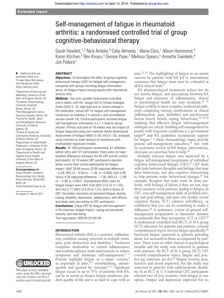 Hewlett 2011 - Self-Mnagement of Fatigue RCT | PDF | Cognitive ...