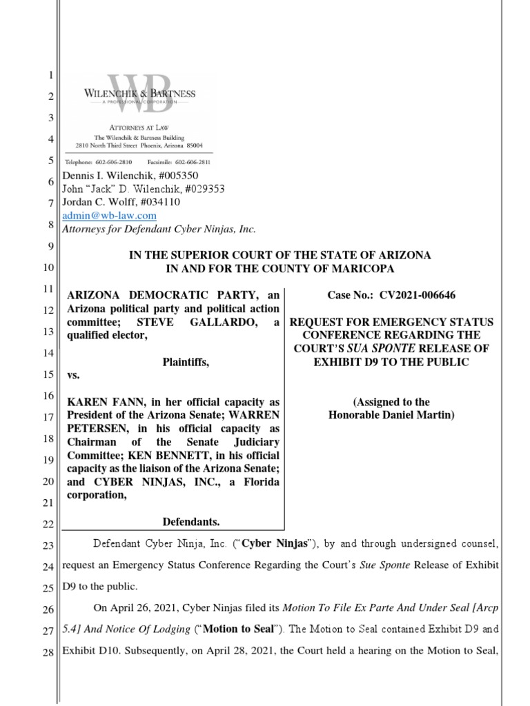 20210430 Request For Emergency Status Conference Re The Court S SUA Sponte Release of