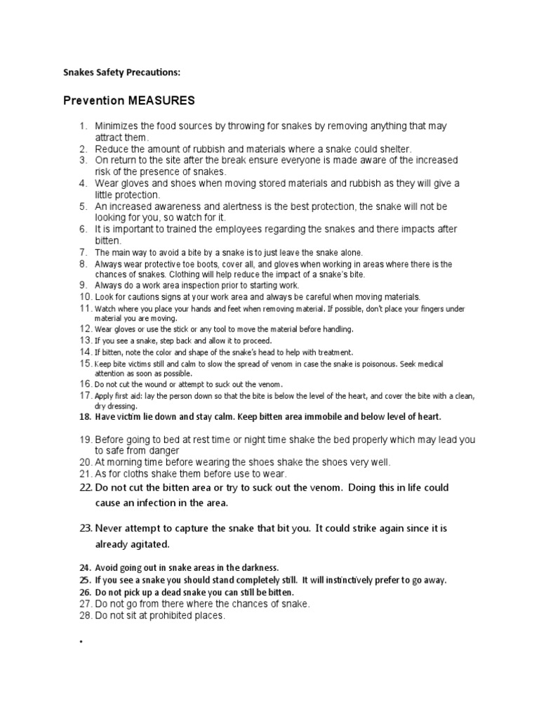 Snakes Safety Precautions | PDF | Medicine | Diseases And Disorders