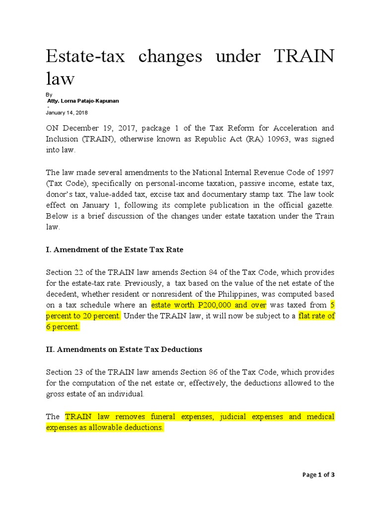 Estate Tax Under TRAIN Law PDF Taxation In The United States