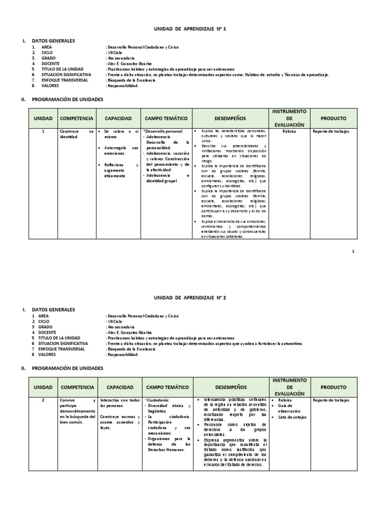 Unidad de Aprendizaje DPCC 4to Secundaria | PDF | Desarrollo personal ...