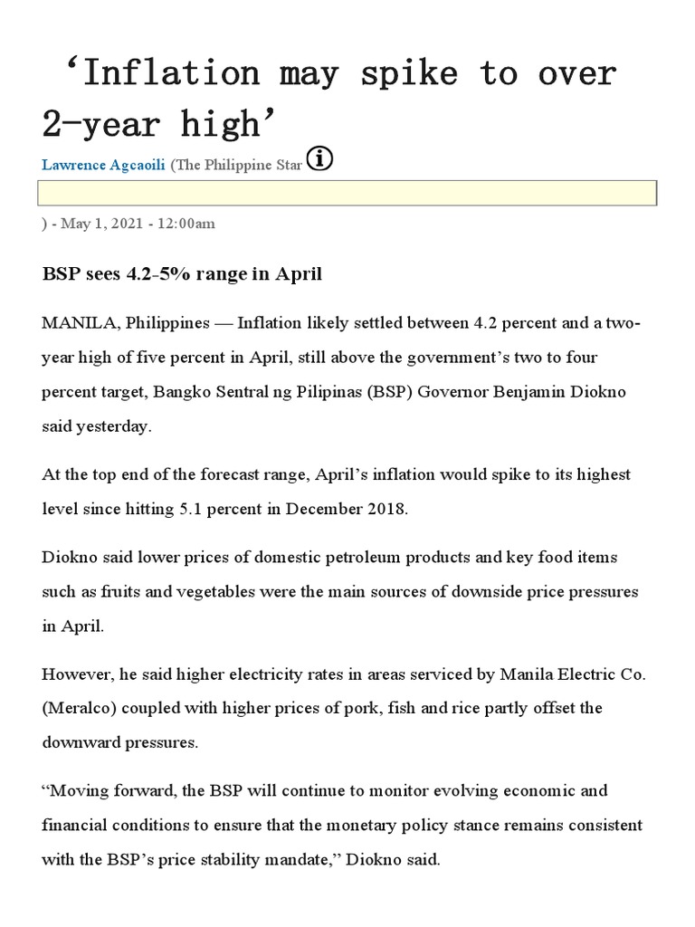Inflation May Spike To Over 2-Year High': BSP Sees 4.2-5% Range in ...