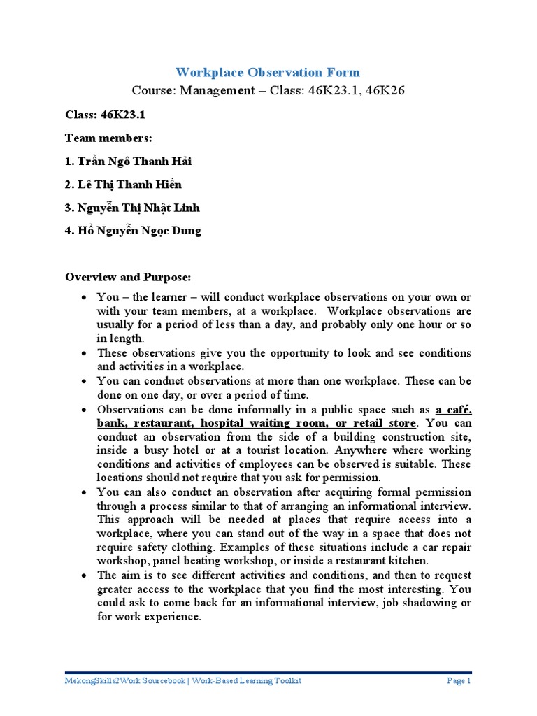Course: Management - Class: 46K23.1, 46K26: Workplace Observation Form ...