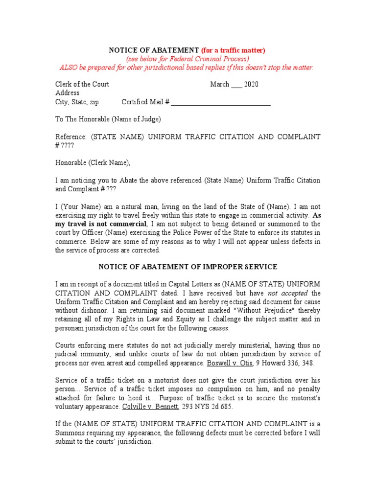 Abate Traffic Ticket or Fed Charge Summons PDF Summons Arraignment