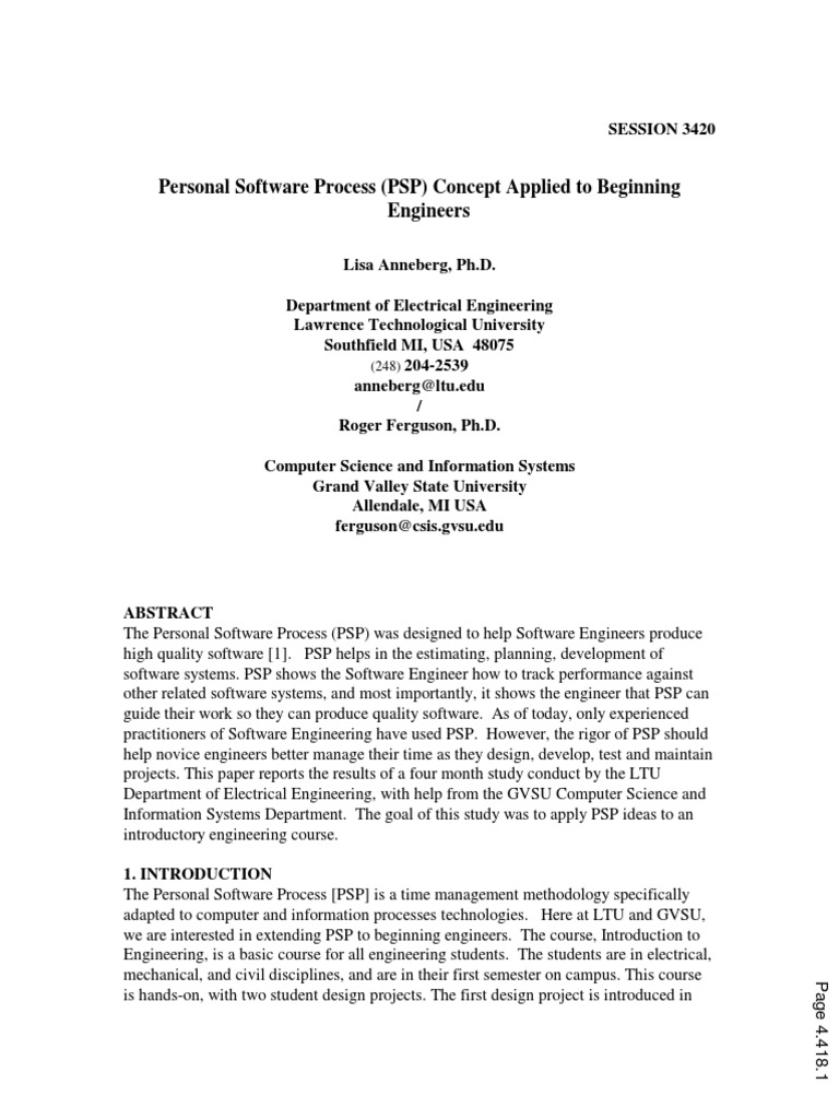 Personal Software Process (PSP) Concept Applied To Beginning Engineers ...