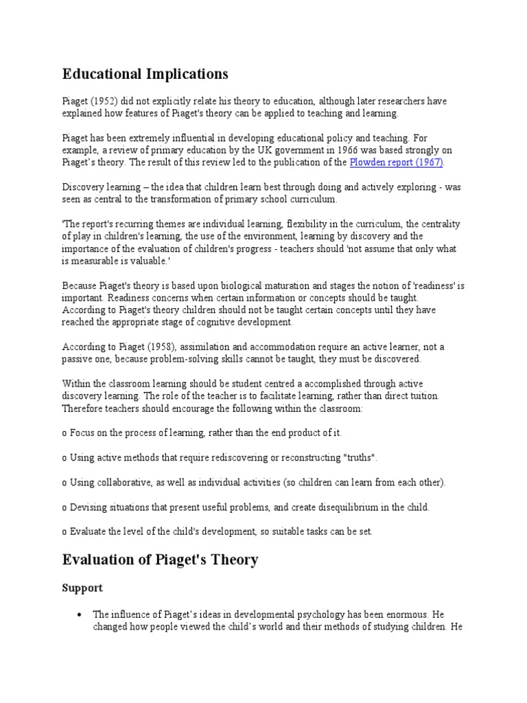Piaget Educational Implications PDF Cognitive Development Educational Psychology