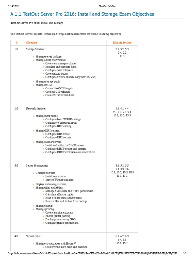 A.1.1 TestOut Server Pro 2016 Install and Storage Exam Objectives