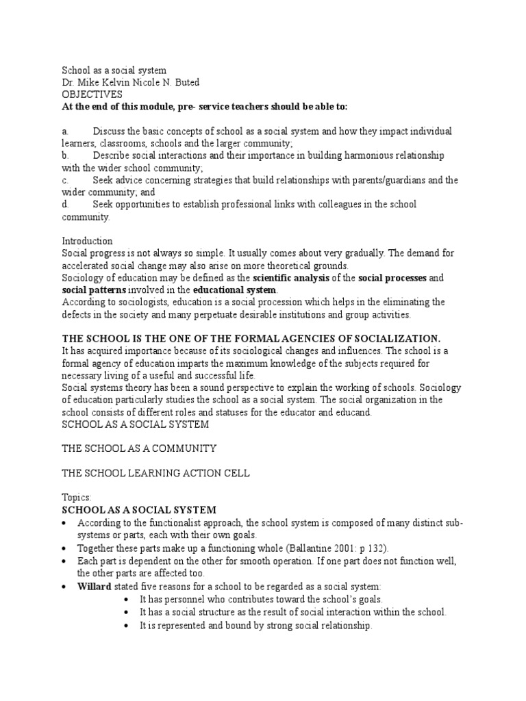 School as a Social System Overview | PDF | System | Sociology