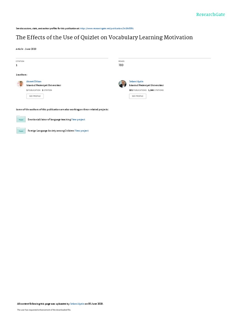 The Effects of The Use of Quizlet On Vocabulary Learning Motivation PDF English As A Second
