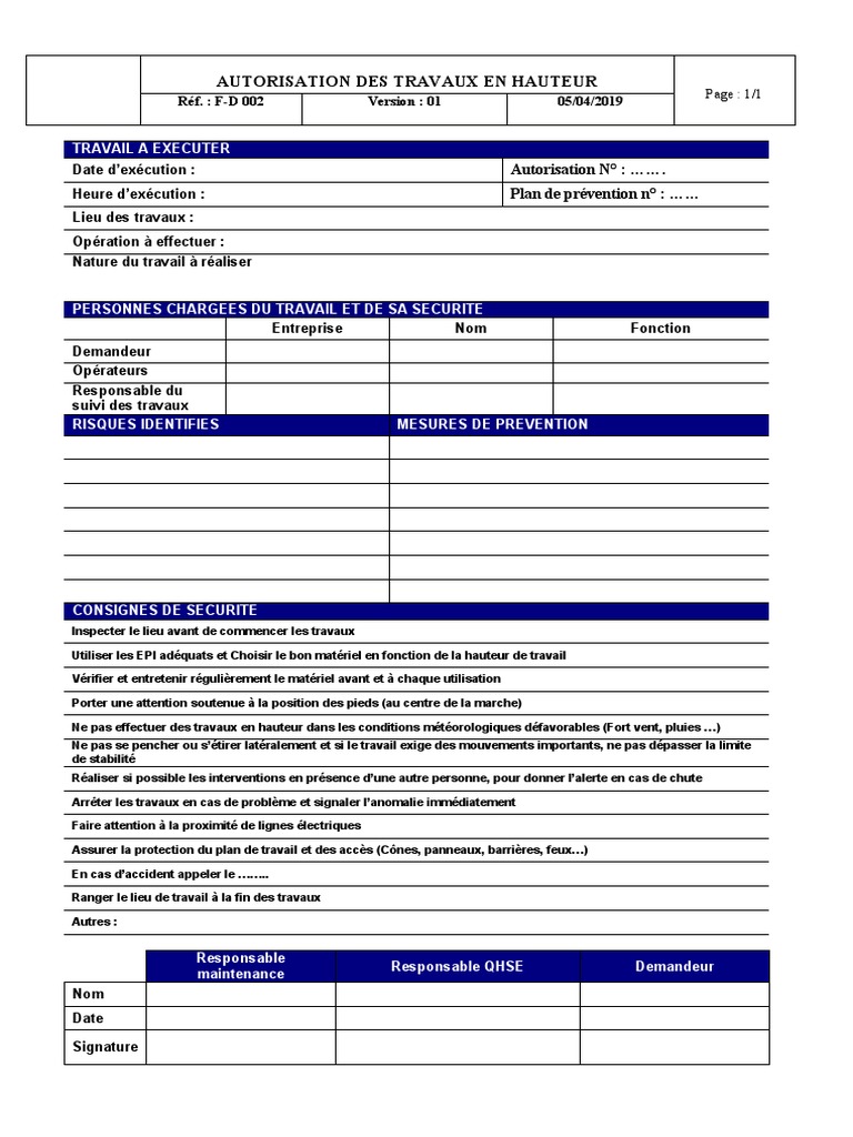 Autorisation de Travail en Hauteur | PDF