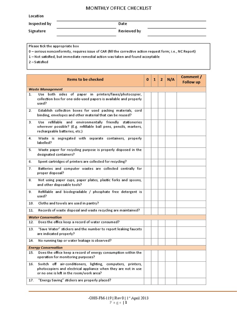 AKT-OHS-FM-119 - Monthly Office Checklist | PDF | Recycling | Waste ...