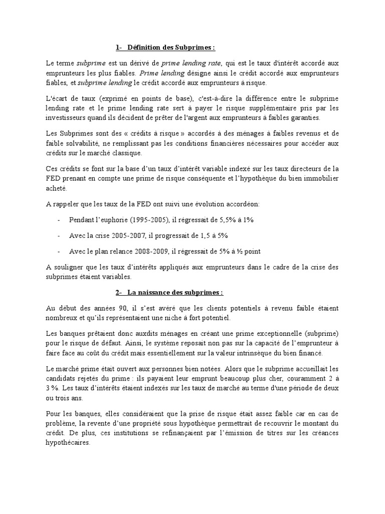 Définition et origine des subprimes | PDF | Crise des subprimes | Subprime