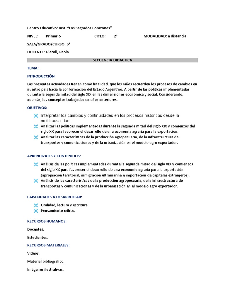 Secuencia Didactica Modelo Agroexportador | PDF | Evaluación | Economias