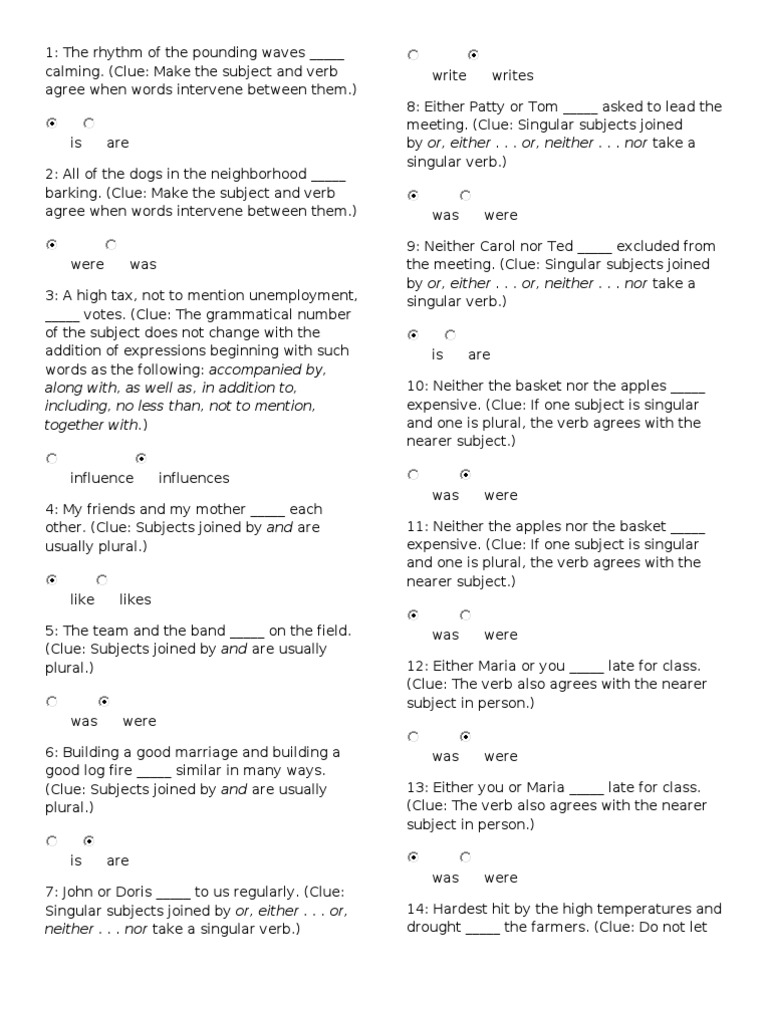 English Activity on Subject-Verb Agreement | Grammatical Number