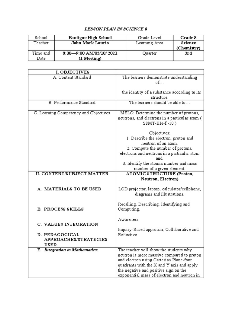 Grade 8 Atomic Structure Lesson Plan | PDF | Atoms | Proton