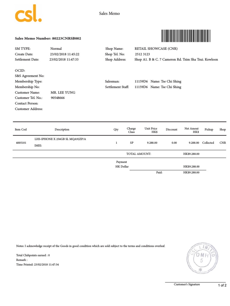 CSL Invoice for iPhone X Purchase | PDF