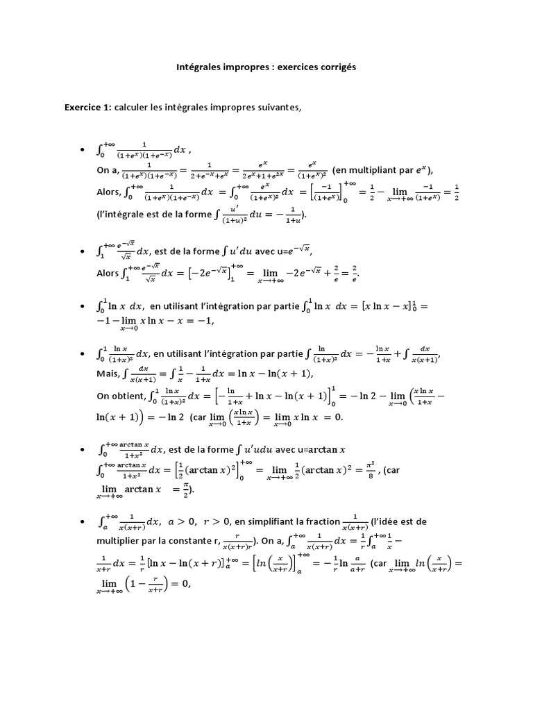 Exercices corrigés sur les intégrales impropres | PDF | Limite ...