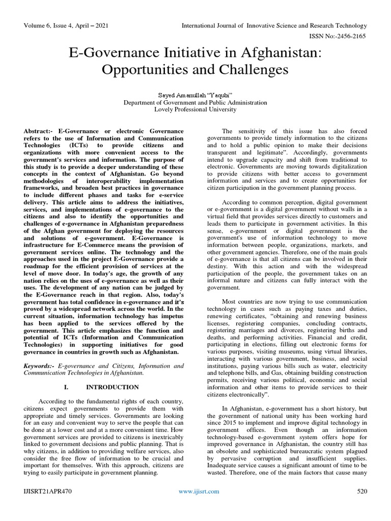 E-Governance in Afghanistan: Challenges & Opportunities | PDF | E ...