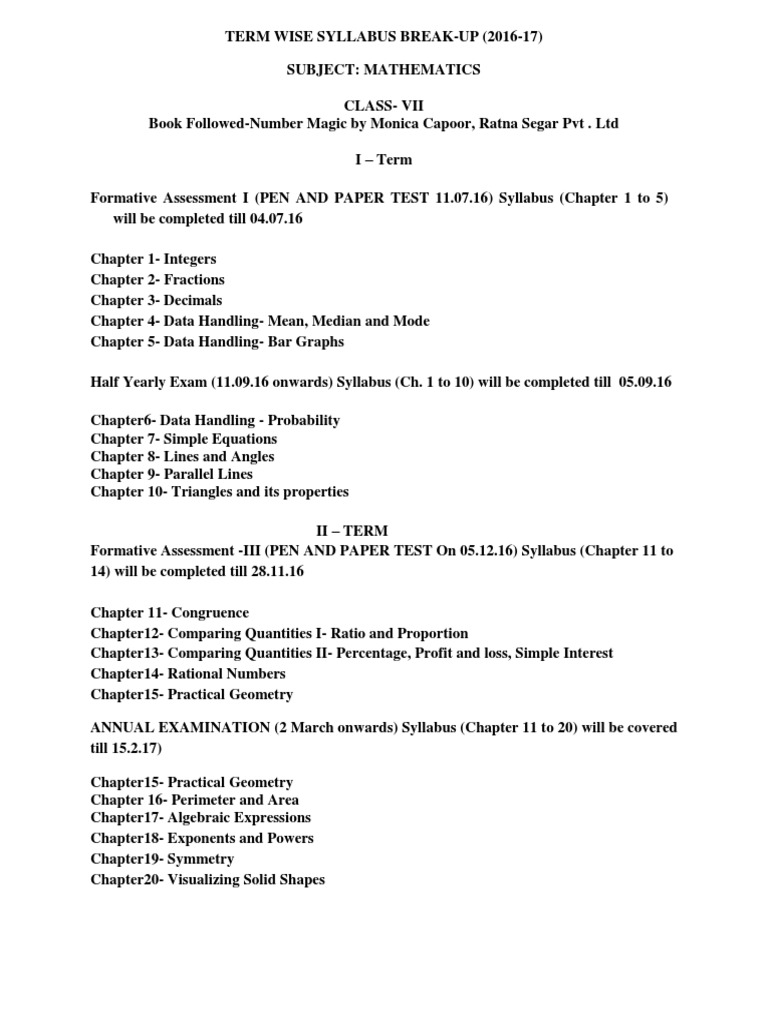 Mathematics Syllabus and Schedule for Class 7 A TermbyTerm Breakdown