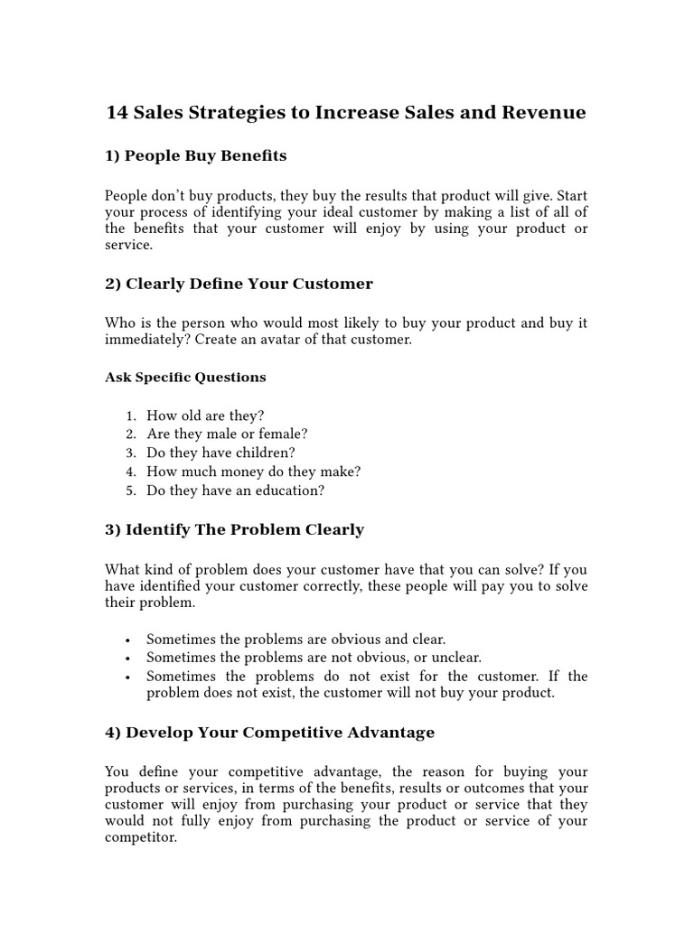 14 Sales Strategies To Increase Sales and Revenue | PDF | Sales ...