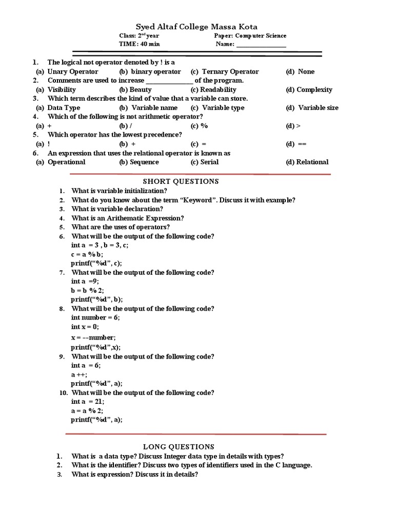 Important Questions for Computer Class 12 | PDF | Integer (Computer ...
