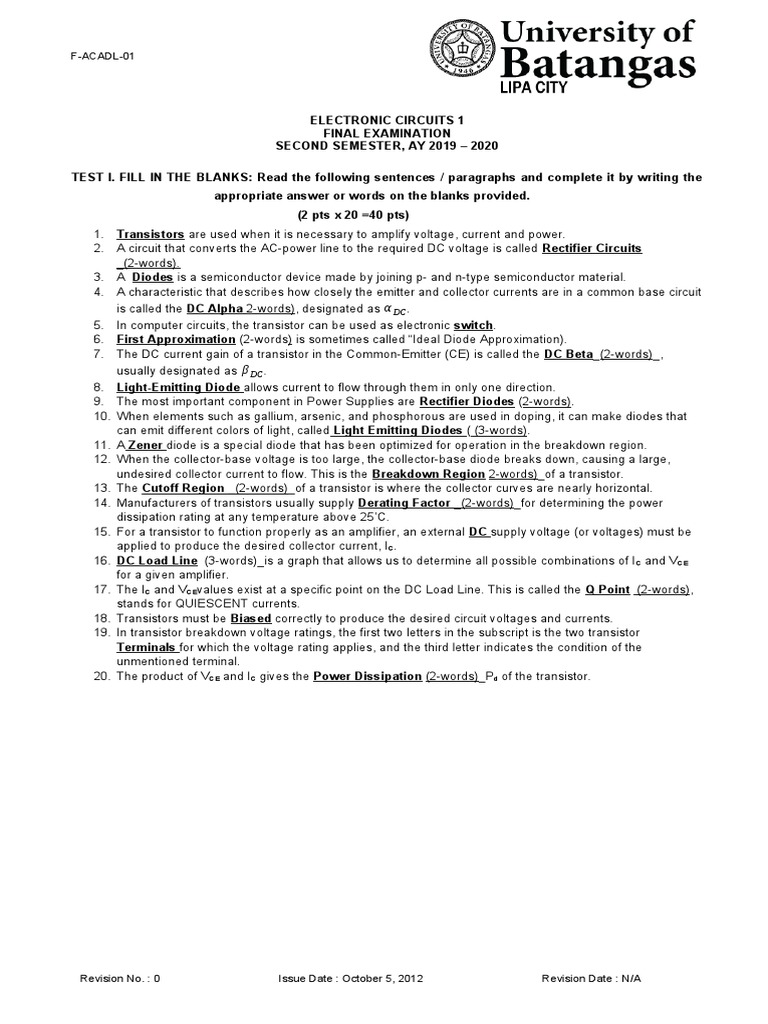 Final Exam - Electronics 1 - Second Semester - SY 2019-2020 | PDF ...