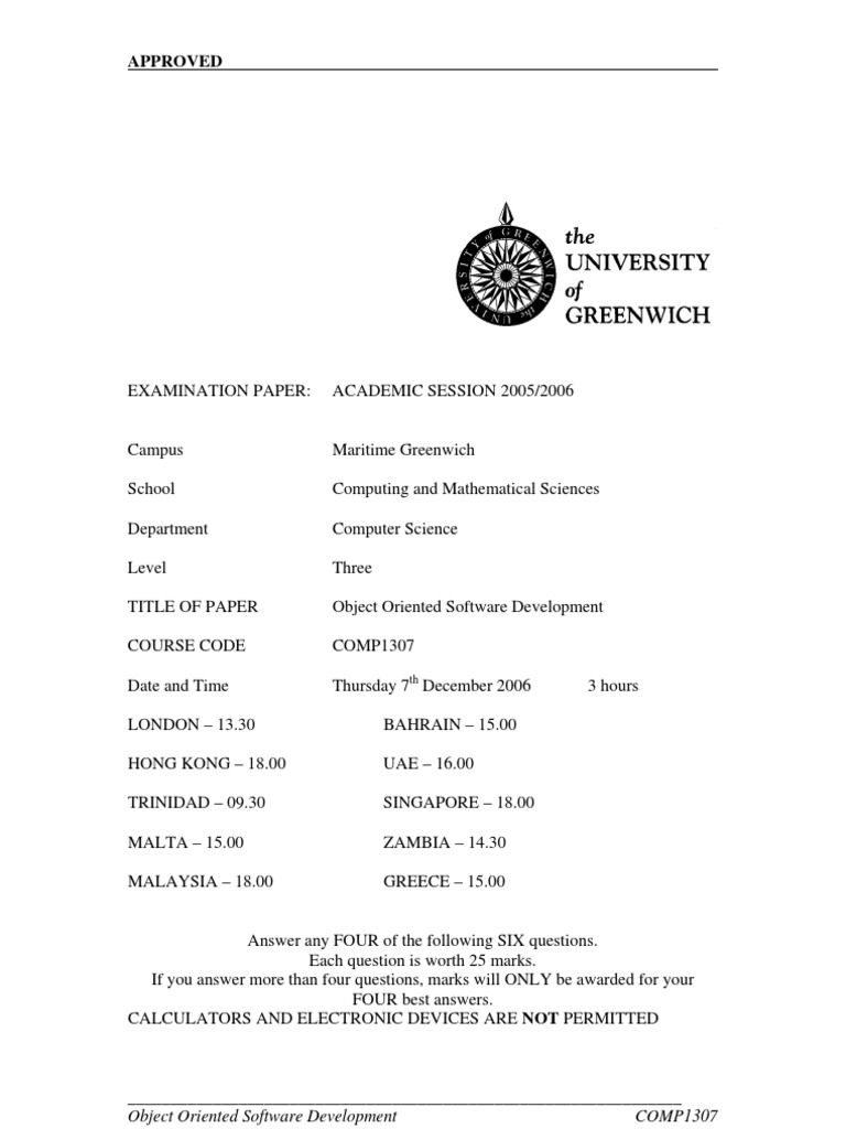 Sample of Object Oriented Software Development Exam (Dec 2006) - UK ...