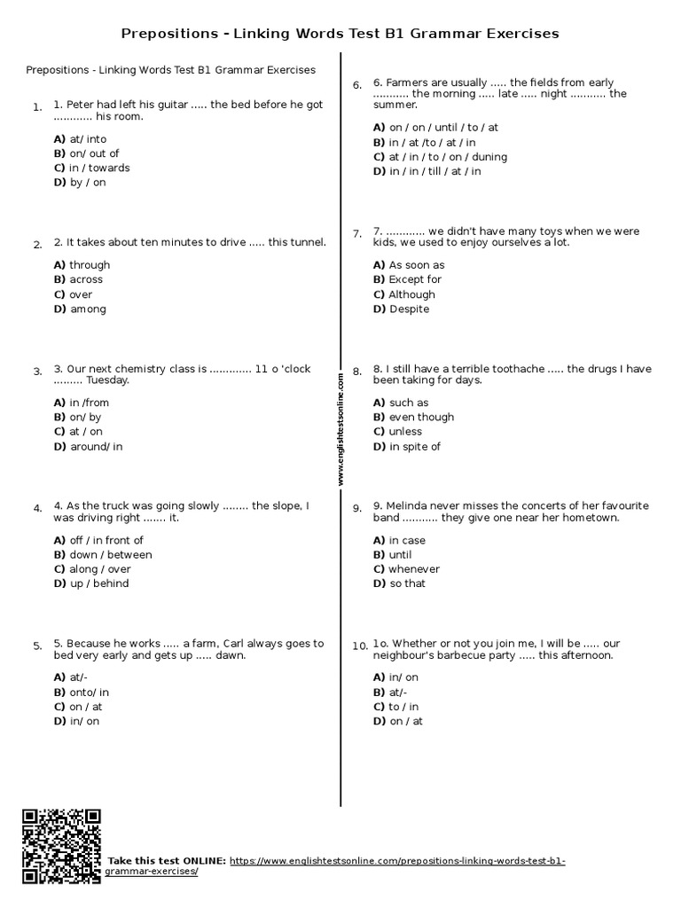 Prepositions Linking Words Test B1 Grammar Exercises PDF Languages