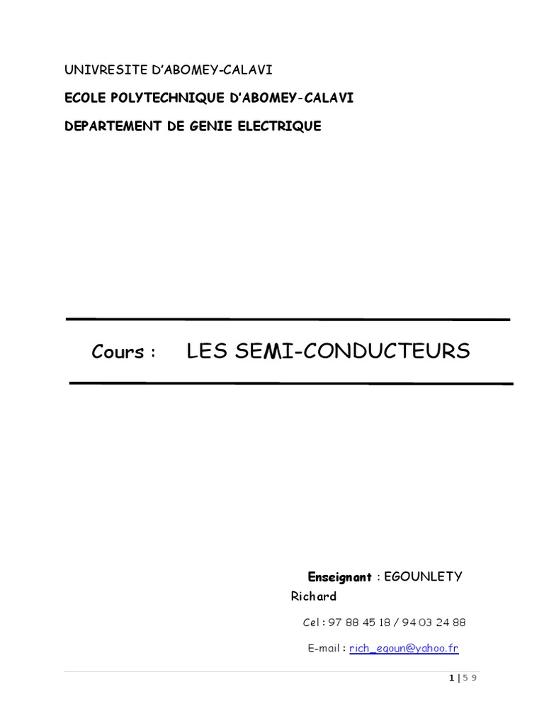 Cours sur les SemiConducteurs PDF Semiconducteurs Théorie des — free download