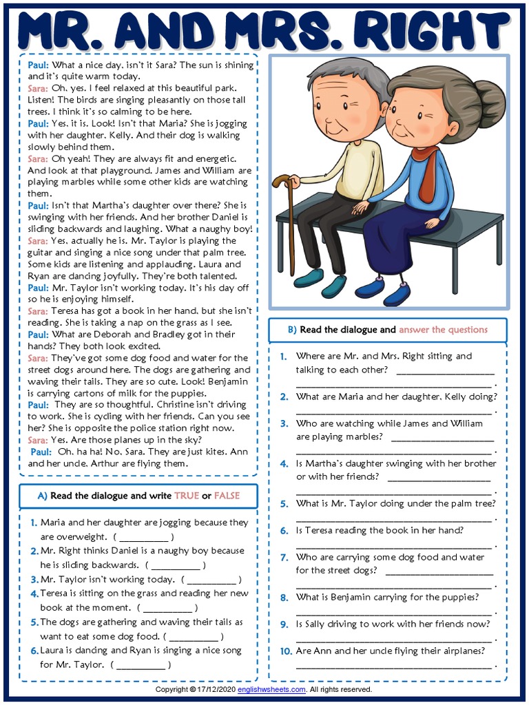 Present Continuous Tense MR and Mrs Right Esl Dialogue Comprehension Exercises Worksheet PDF