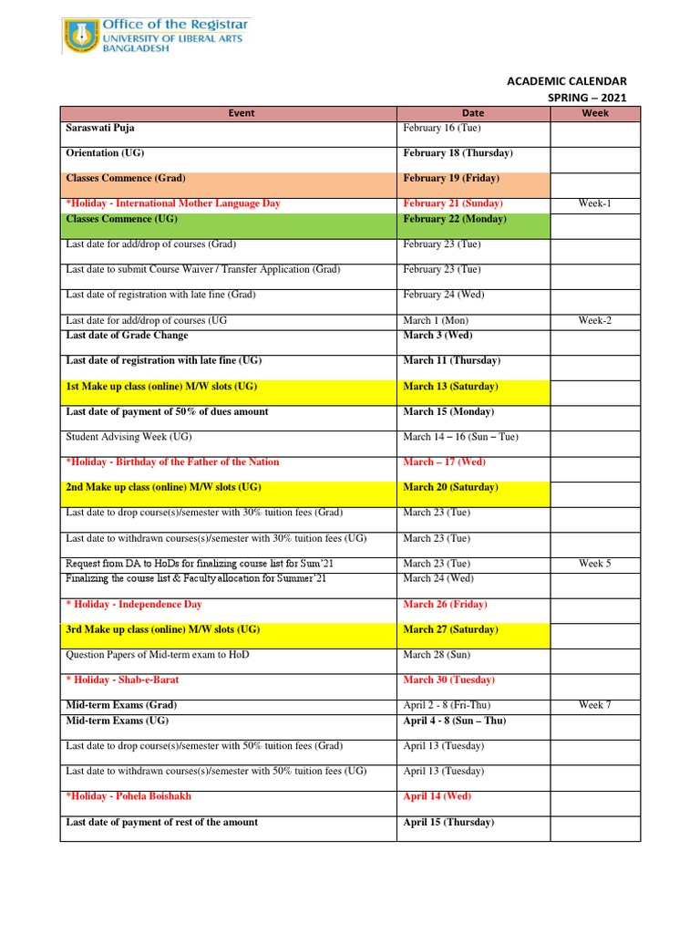 Event Date Week: Academic Calendar SPRING - 2021 | PDF | Academic Term ...