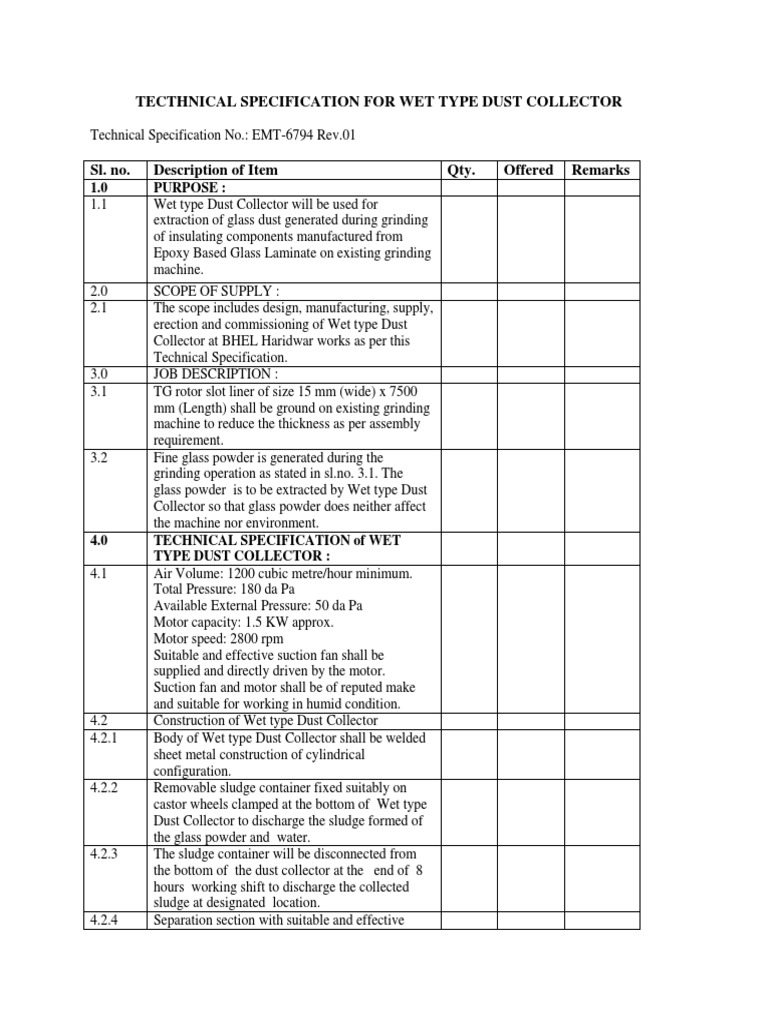 Tecnical Specification - Wet Type Dust Collector | PDF | Dust ...