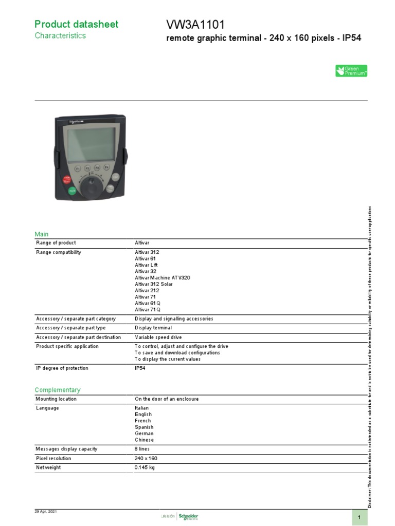 Product Datasheet: Remote Graphic Terminal - 240 X 160 Pixels - IP54 | PDF