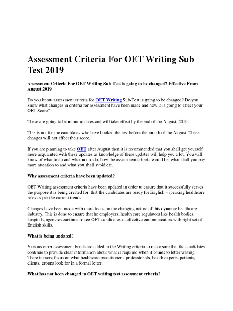 Assessment Criteria For OET Writing Sub Test 2019 | PDF | Health Care