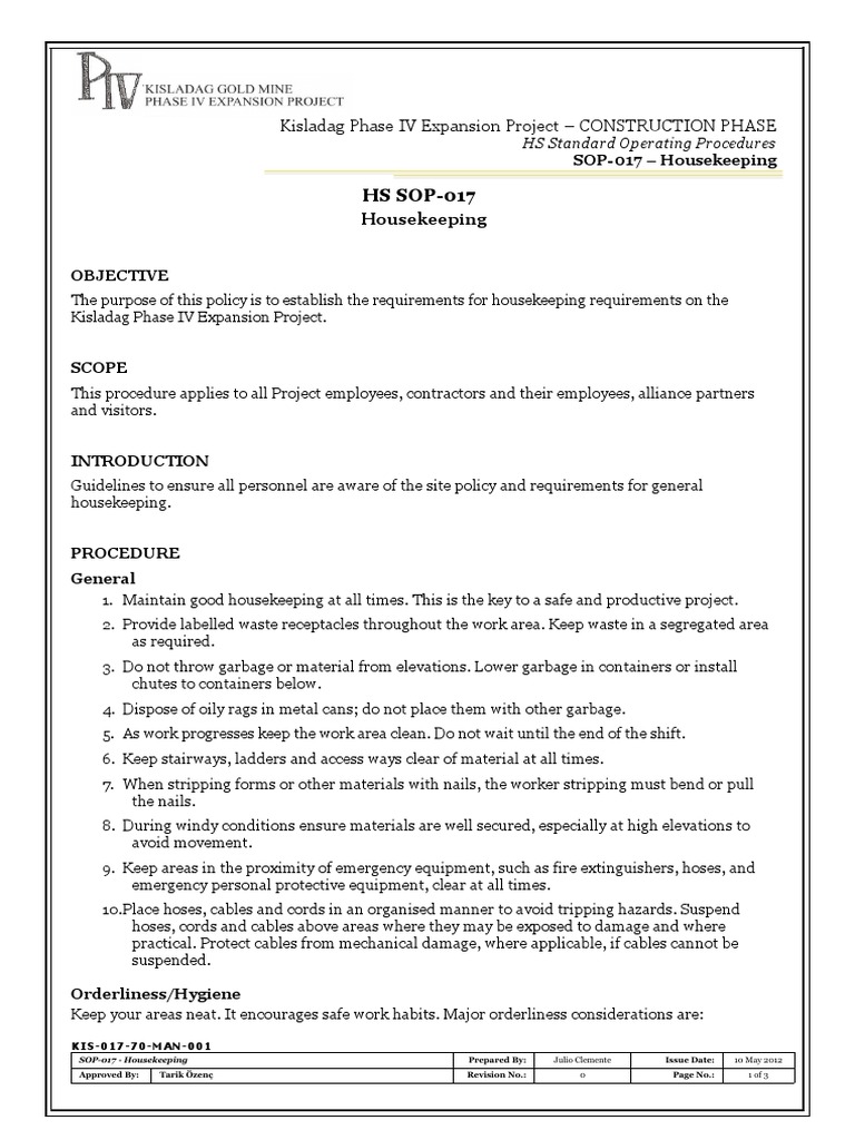 SOP 017 Housekeeping PDF Housekeeping Waste