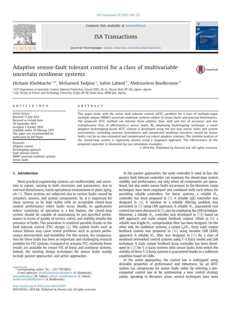 Adaptive Sensor Fault Tolerant Control For A Class of Multivariable ...