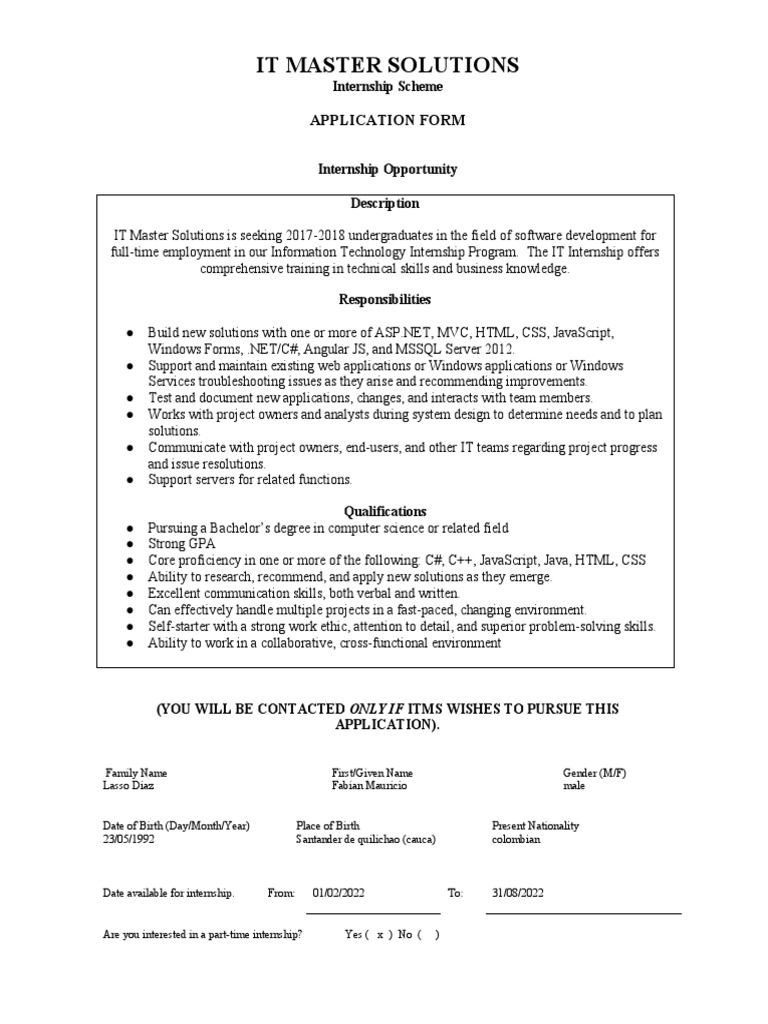 IT Internship Application Form 2022 | PDF | Java Script | Application ...